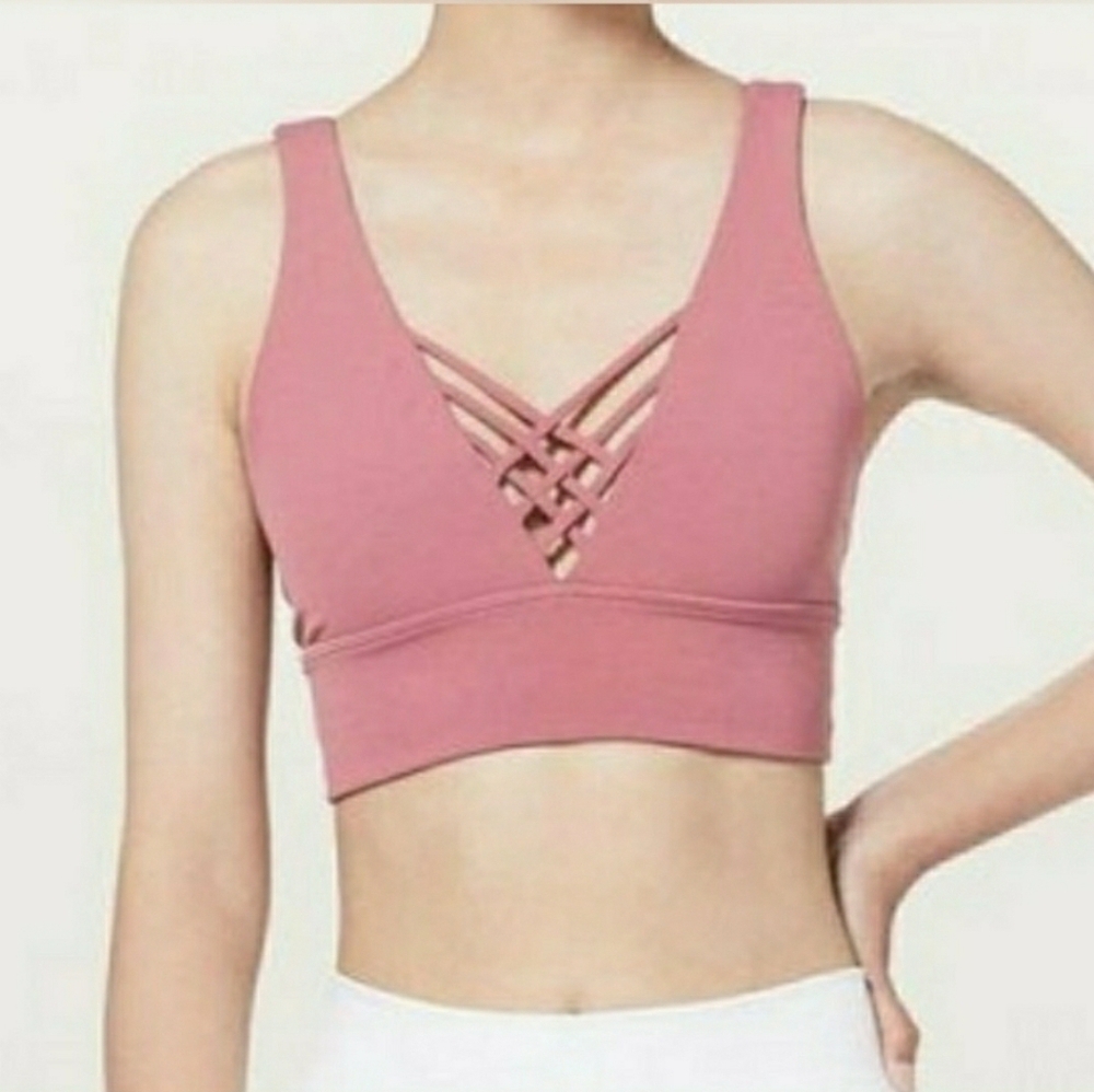 Mauve Pink Lululemon Strappy LongLine V-Neck Plunge Cage Bra Moss Boho Festival♡